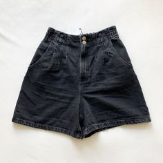 Zara Black Denim High Waisted Pleated Shorts With Elastic Waist Brand New With Tags Size 8 Chic High Rise Washed Black Bottoms, High Rise Black Shorts With Belt Loops, Black Denim Bottoms With Belt Loops, Chic Black Cotton Jean Shorts, High Waist Black Denim Bottoms, High Waist Black Jean Shorts With Belt Loops, Chic High Rise Gray Bottoms, Black Denim Jean Shorts For Spring, Casual Black Denim Shorts