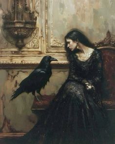 a painting of a woman sitting on a bench next to a black bird in front of a mirror