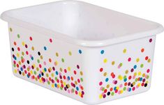 a white container with multicolored dots on it