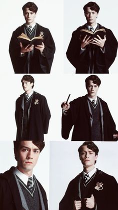 four pictures of harry potter with books in their hands and pointing to the book on his finger