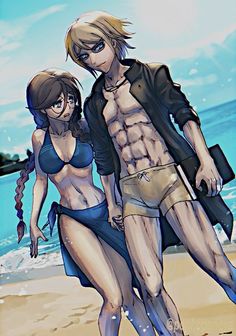 an anime couple walking on the beach with one holding his arm around the other's waist