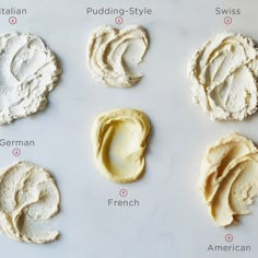 six different types of whipped cream on a sheet of parchment paper with instructions for how to make them