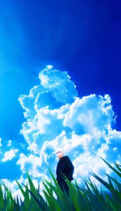 a man standing in tall grass under a blue sky with white clouds and the sun behind him