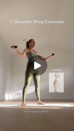 a woman is doing exercises with dumbbells in an empty room, and the text below reads 1 shoulder wing extension