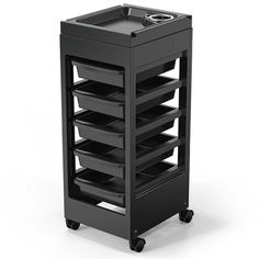 a black cart with six trays on wheels