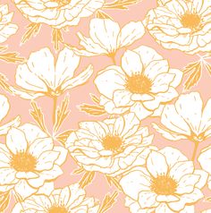 an orange and white flower pattern on a pink background