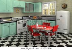 a kitchen with checkered flooring and green cabinets, red chairs, and a white refrigerator