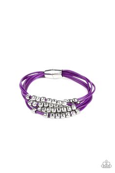 A collection of dainty silver beads slides along shiny purple cords, creating vivacious layers around the wrist. Features a magnetic closure. Sold as one individual bracelet. P9WH-PRXX-198XX Paparazzi Accessories Jewelry, Mobile Boutique, Purple Bracelet, Outfit Check, Paparazzi Accessories, Magnetic Bracelet, Purple Hues, Paparazzi Jewelry, Birthday Gift Ideas