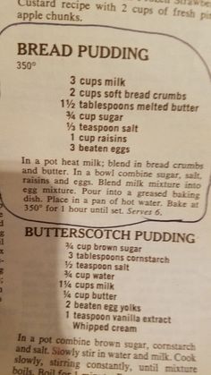 a recipe for bread pudding is shown in the menu