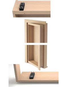 three different views of a wooden shelf with one open and the other closed, on white background