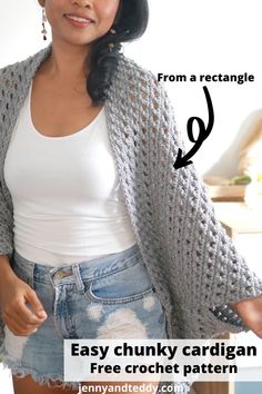 a woman wearing shorts and a white tank top with an easy chunky cardigan crochet pattern