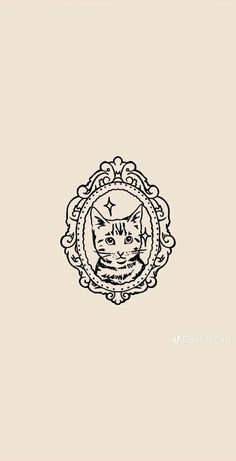 a black and white drawing of a cat with a frame around it's neck