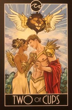 the two of cups tarot card with an image of two women and a lion