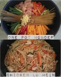 two screens showing different types of food on the same page, one is chicken lo mein and the other has carrots