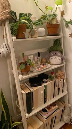 a book shelf filled with lots of books and potted plants on top of it