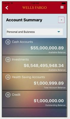 wells fargo mobile banking app on an iphone, showing the account and business details