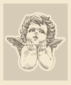 an angel sticker is shown in black and white, with the image of a child's face