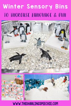 penguins are playing in the snow and ice with words winter sensory bins to help kids learn