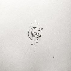 a black and white drawing of a cat sleeping on the moon with stars above it