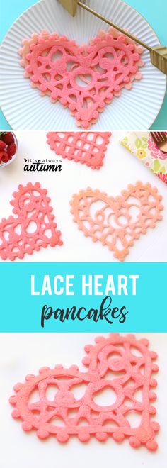 the lace heart pancakes are ready to be cut and put on the plate