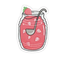 a pink drink with strawberries on top and a straw in the jar sticker