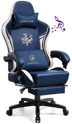 an office chair with a blue and white design on the back, sitting in front of a music note