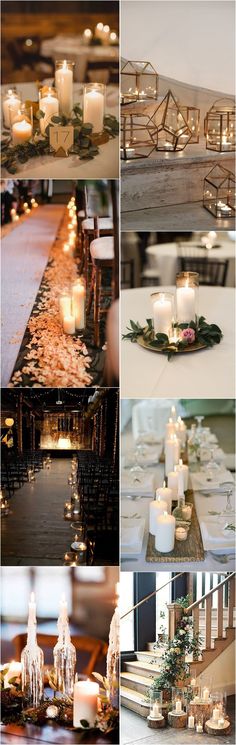 many different pictures of candles and tables with flowers on the top one is filled with water