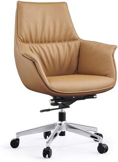 a brown leather office chair with wheels on an isolated white background, viewed from the front