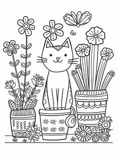 a black and white drawing of a cat sitting in front of potted plants with flowers