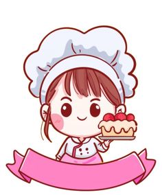 a cartoon girl holding a cake with a pink ribbon around her neck and wearing a chef's hat