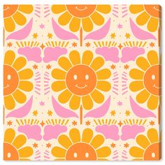 an orange and pink flower pattern on a white background