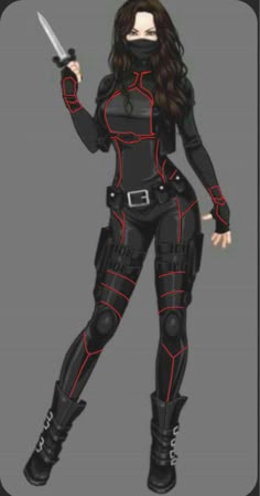 Ninja Suit Design Female, Super Villains Costumes, Hydra Suit Female, Cool Assassin Outfit, Villain Costume Ideas Drawing, Dr Suits Marvel, Assasin Outfits Women Anime, Battle Hairstyles Women, Black And Red Superhero Suit Female