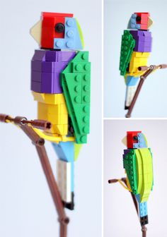 four different pictures of a toy bird made out of legos on a stick and attached to a tree branch