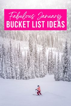 a person on skis in the snow with trees behind them and text overlay that reads fabulous january bucket list ideas