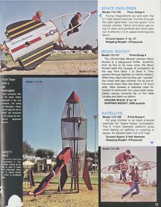 an advertisement for the moon rocket, with two pictures of people playing in it and another image of a man on a plane