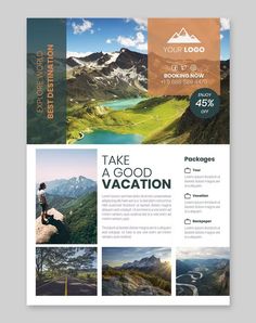 a travel brochure is shown with mountains and valleys in the background, as well as text that reads take a good vacation