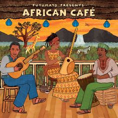 an african cafe sign with two people playing guitar and another person sitting on a bench