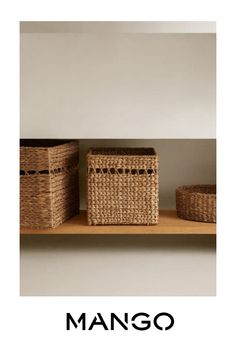 two baskets on a shelf with the words mango