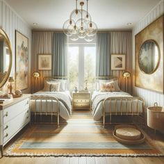 a bedroom with two beds and a rug in front of the bed is an oval mirror hanging on the wall