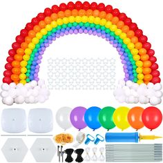 the balloon arch kit includes balloons, glues and other supplies to make it look like a rainbow