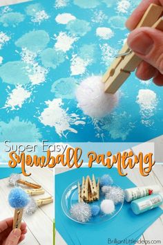 someone is making snowball pom - poms with popsicle sticks and glue