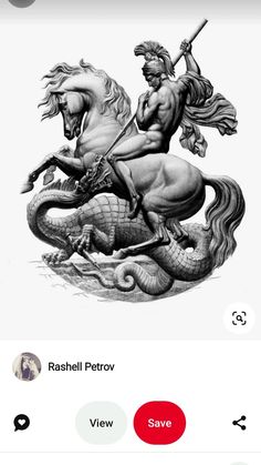 an image of a man riding on the back of a horse next to a dragon