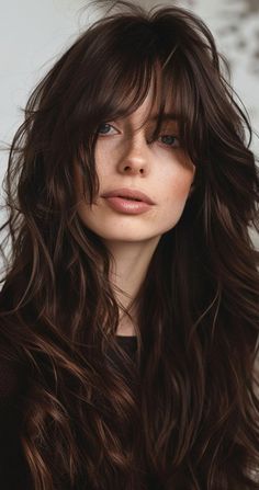 Long Chocolate Brown Hair With Bangs, Mochachino Brown Hair, Brown Hair 2024, Cool Chocolate Brown Hair, Deep Chocolate Brown Hair Color, Air Dry Hairstyles, Warm Chocolate Brown Hair, Chocolate Brown Hair Ideas, Dark Hair Brown Eyes