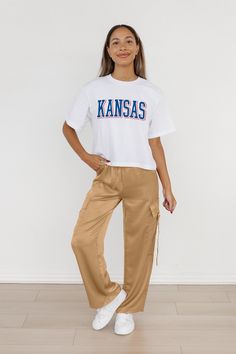 Every day is game day with our Kansas Jayhawks midi-length, boxy fit cropped tee with drop shoulder sleeves. Perfect for game day excitement or casual outings, this versatile tee is a must-have addition to your wardrobe. Madi Prewett, Washington State Cougars, Missouri Tigers, Iowa State Cyclones, Washington Huskies, Texas Tech Red Raiders, Indiana Hoosiers, Red Raiders, Carolina Gamecocks