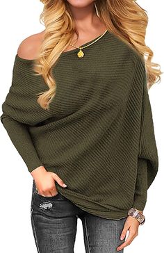 OmicGot Womens Off Shoulder Sweaters Casual Long Sleeve Knit Pullovers Tunic Tops Army Green S at Amazon Women’s Clothing store Jumper Suit, Baggy Shirts, Bat Sleeve, Cashmere Blend Sweater, Sweater Women, Casual Pullover