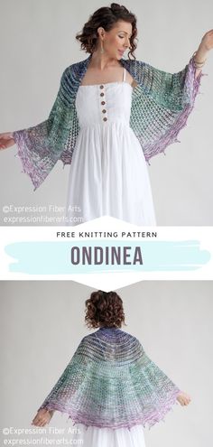 an image of a woman in white dress and shawl with text overlay that says free knitting pattern ondinea