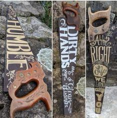 three different types of scissors sitting on top of a stone wall next to each other