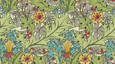 a green and yellow floral wallpaper with lots of flowers on the bottom half of it