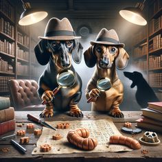 two dachshunds are looking through magnifying glasses at an old book