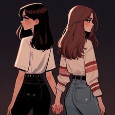 two girls standing next to each other in front of a dark background with one holding the hand of another girl